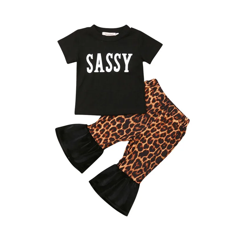

Summer Newborn Infant Baby Girl Letter Print Clothes Short Sleeve T-shirt Leopard Print Bell-Bottom Long Pants Children Clothing
