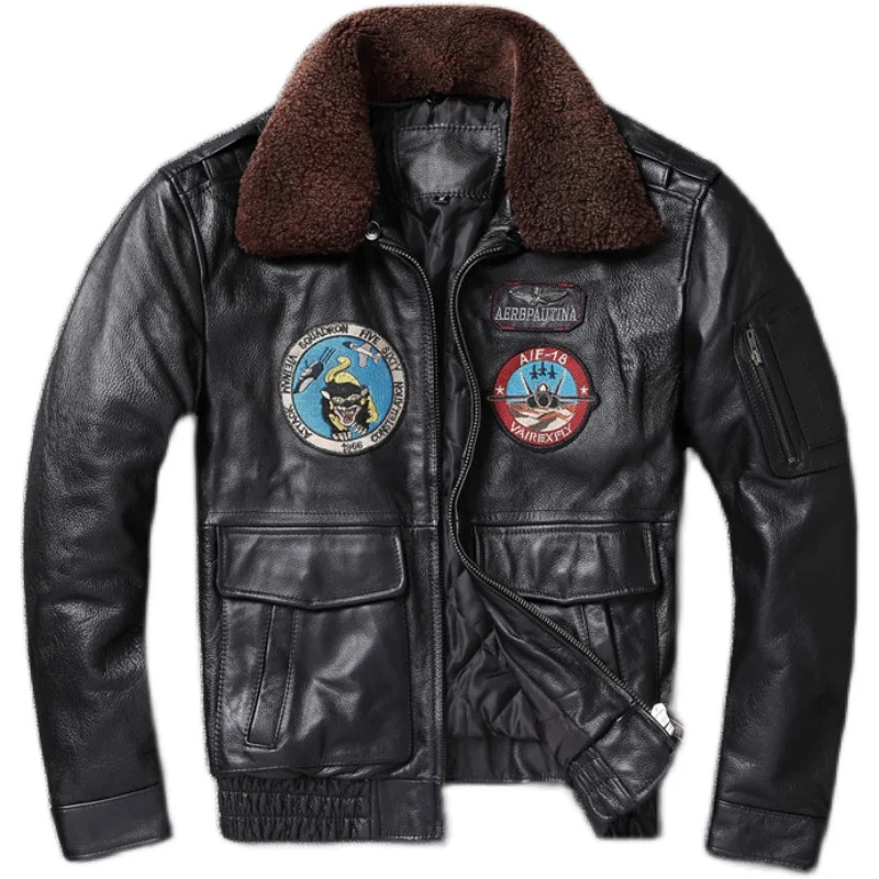 

Men's Genuine Cowhide Air Force Pilot Suit Cowhide Black Removable Fur Collar Leather Jacket OverSized Coat Motorcycle Jacket