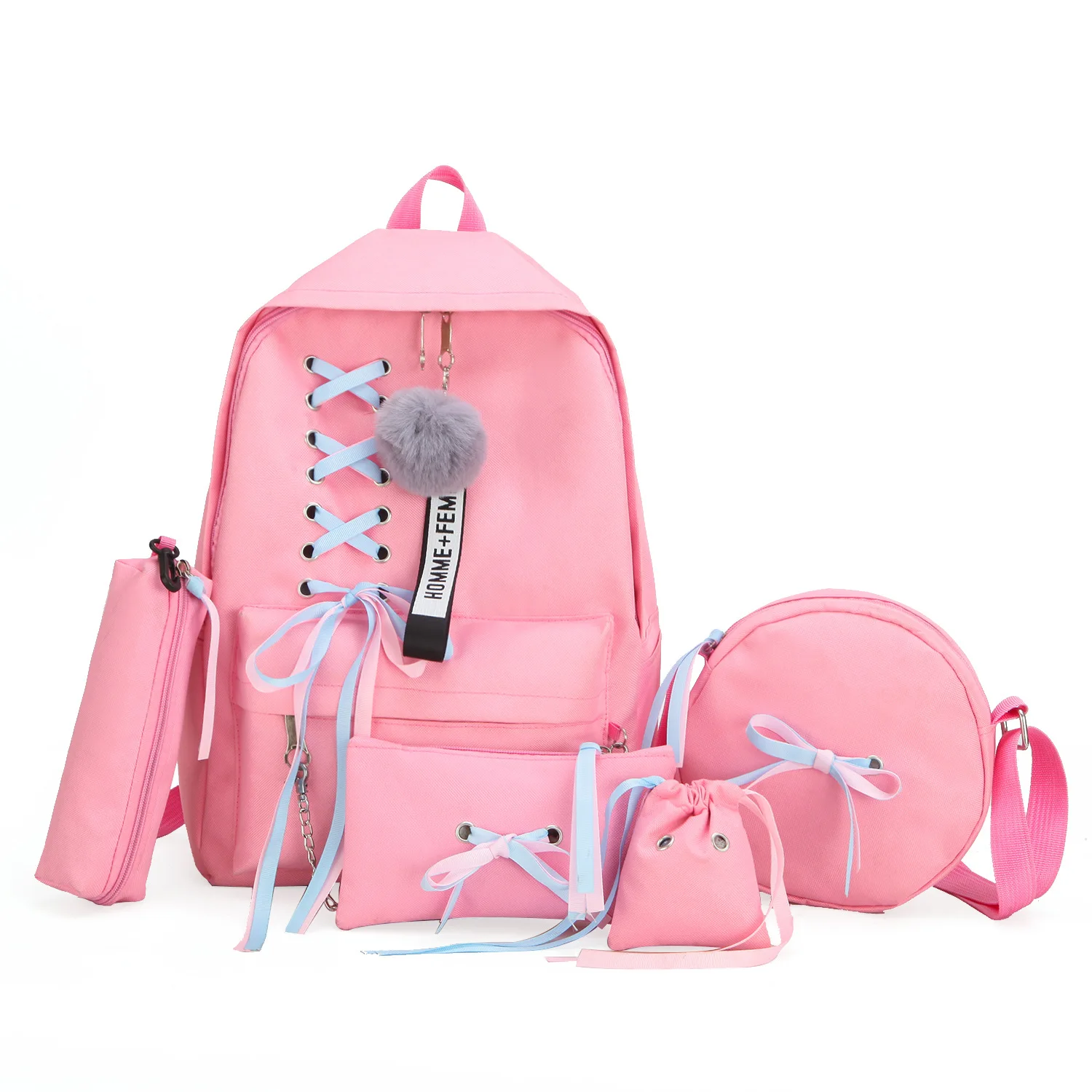 pink-16 inch 5 шт./компл. школьная сумка для подростков однотонный рюкзак школьный женский студенческий рюкзак с кружевным бантом рюкзак пачки высокого качества - Цвет: pink-16 inch