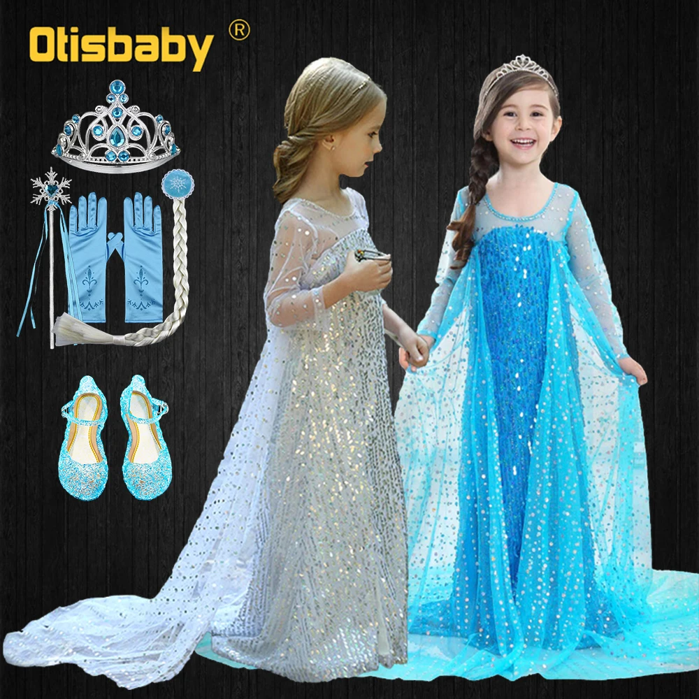 Birthday Party Girls Princess Elsa Dress Summer Toddler Girl Long Sleeve Blue Dresses with Long Tail Sequins Elegant Ball Gowns