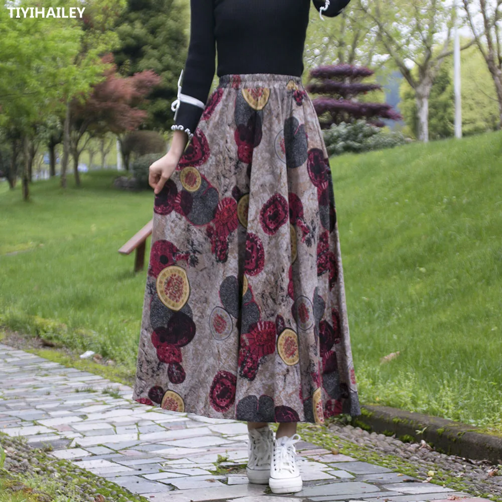 TIYIHAILEY Free Shipping 2021 New Fashion Long Maxi A-Line Elastic Waist Women Cotton And Linen Print Spring Skirt With Pockets