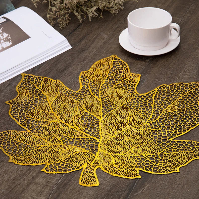 

YOMDID Creative Maple Leaf Shape Placemat Exquisite PVC Bronzing Hollow Mats Antiskid Table Pads Decoration Western Food Cushion