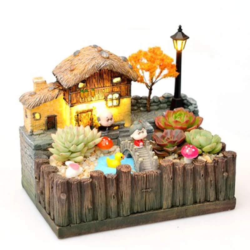 Resin Flower Pot for Succulent Plants, Desktop Potted Holder, Retro Village, Home, House Shape, Balcony Decoration Ornaments