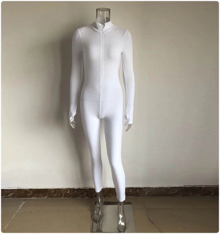 Winter White Kyliejenner Jumpsuits Cotton Rib Jumpsuit Zipper Snow White Stretch Long Sleeves Thumbhole Cuff Rompers