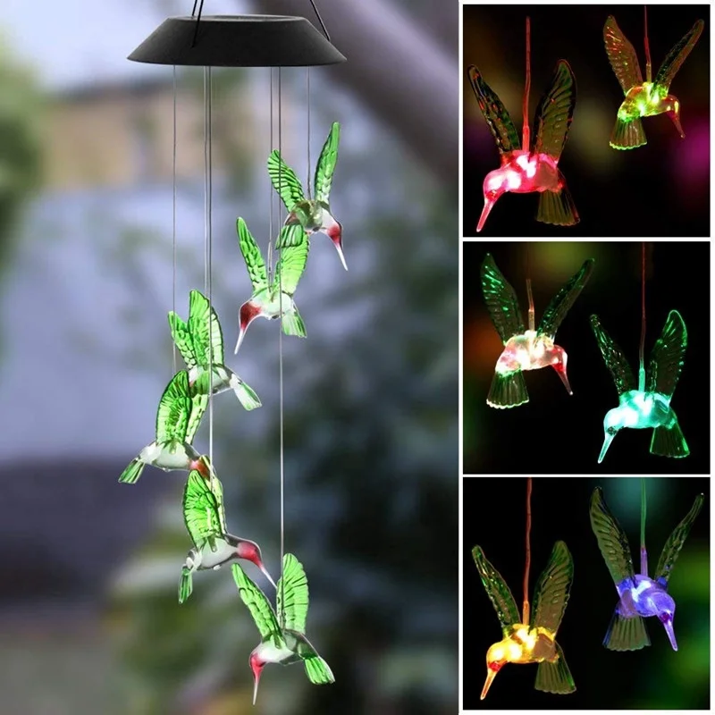 

Color Changing White LED Solar Lamp Hummingbirds Wind Chime Light Home Outdoor Waterproof Garden Fences Decoration Lamp W/ Hook