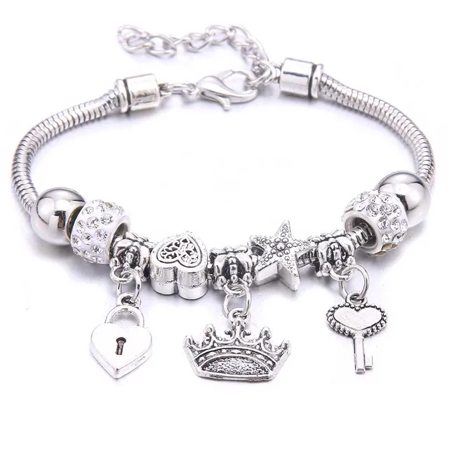 Antique Crown key lock Shape 6-colors crystal Charm Bracelets for Women Glass Beads Brand Bracelet & Bangle DIY Jewelry Gifts 5