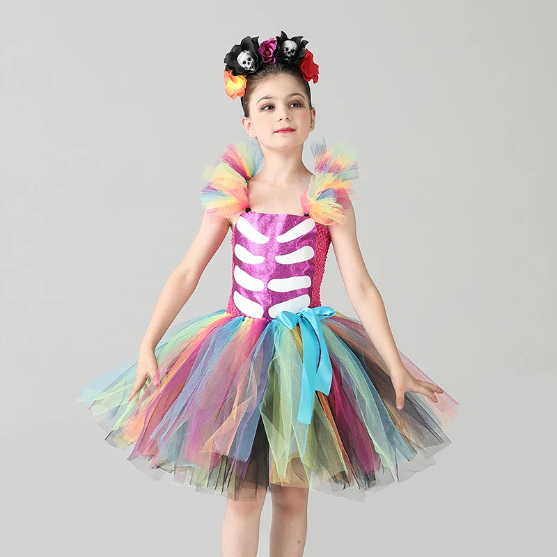 Day of the Dead Girl Skeleton Fancy Tutu Dress Halloween Dress Up Party Kids Baby Costume Funky Punk Bones Tutu Dress for Girls (3)