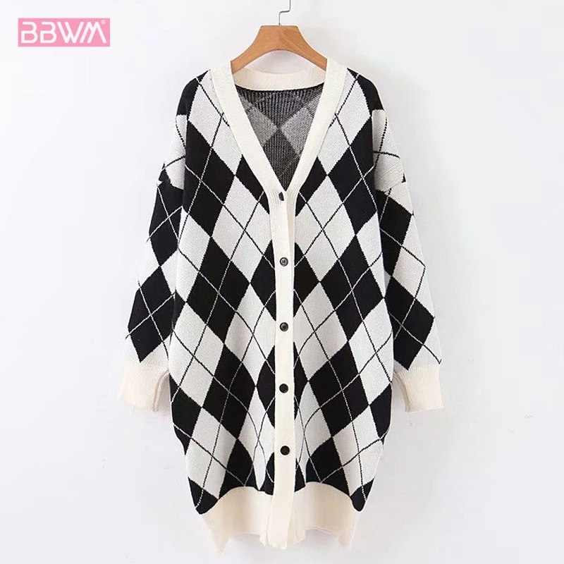 

2019 Winter New Retro Wild Geometric Diamond Knit Cardigan Lazy Wind Loose Single-breasted Casual Escaping Women's Sweater Top