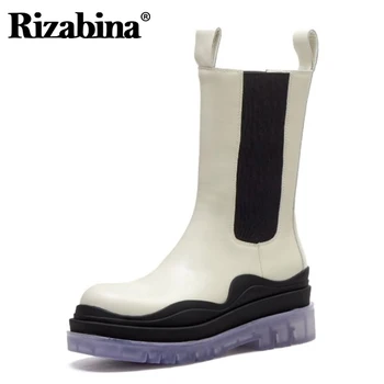 

Rizabina Real Leather Woman Short Boots Warm Winter High Heel Shoes Woman Fashion Platform Mid Calf Boot Footwear Size 34-39