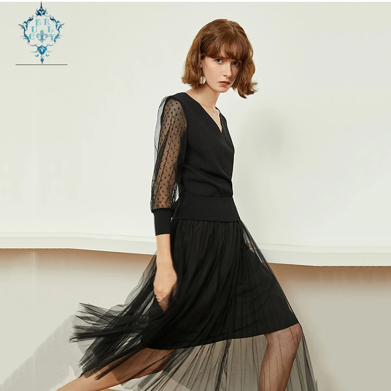 

CUERLY black sexy V-neck knit Mid-length dress 2019 new fashion Simple temperament waist mesh stitching A-line summer dresses