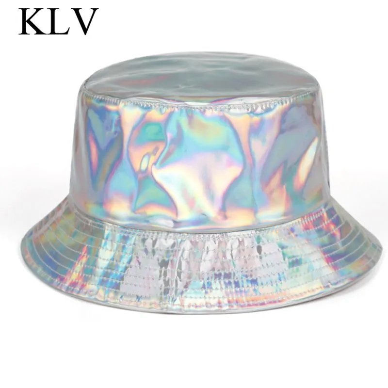 

Women Men Faux Leather Harajuku Hip Hop Bucket Cap Glitter Metallic Holographic Reflective Reversible Wide Brim Fisherman Hat