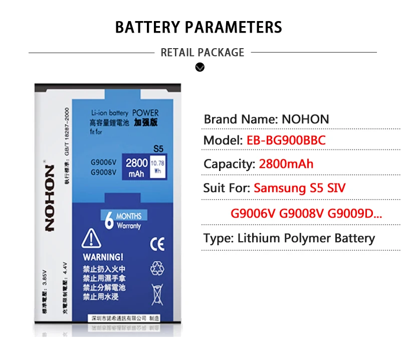 NOHON Батарея для samsung Galaxy S5 S6 S7 S6 край S7 край G900S SM-G9200 SM-G9280 SM-G9300 SM-G9350 Замена Bateria - Цвет: S5 2800mAh