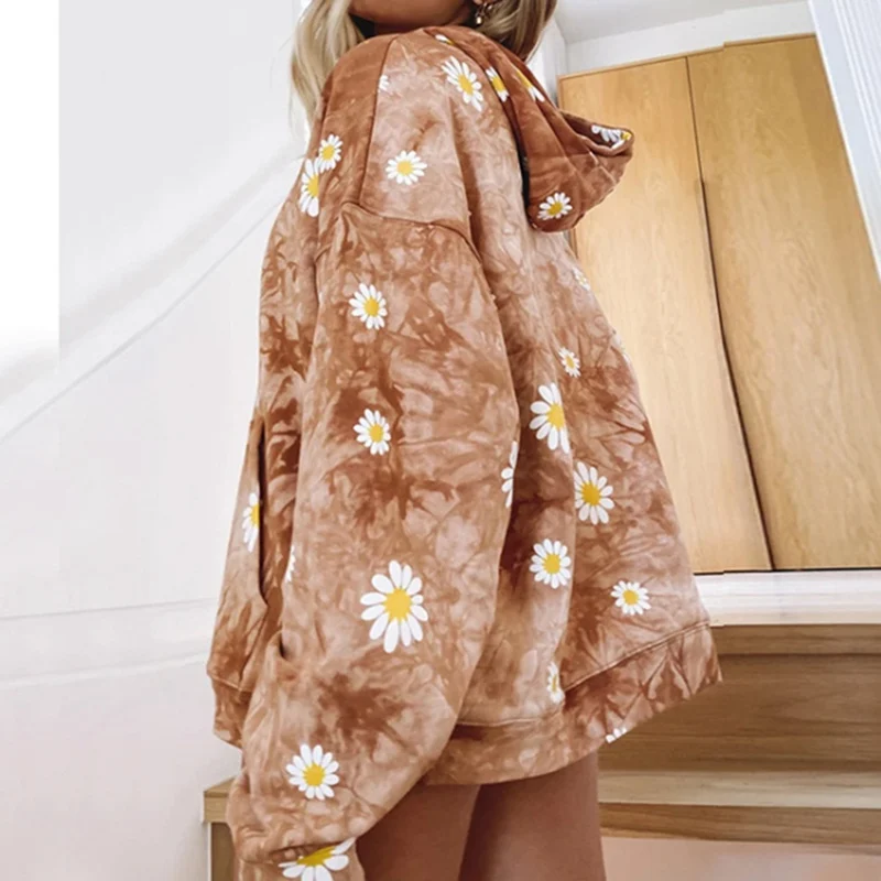

Women Casual Loose Hoodie Full Sleeve O-Neck Daisy Print Sweatshirt Fashion Long Hoodie Tie Dye Women Tops