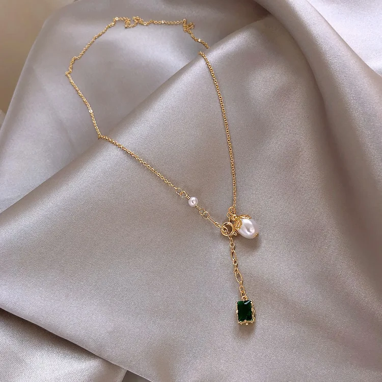 Модный жемчужный кулон с зелеными кристаллами, колье, Золотая цепочка, женские ожерелья для фестиваля, вечерние ювелирные изделия, подарок