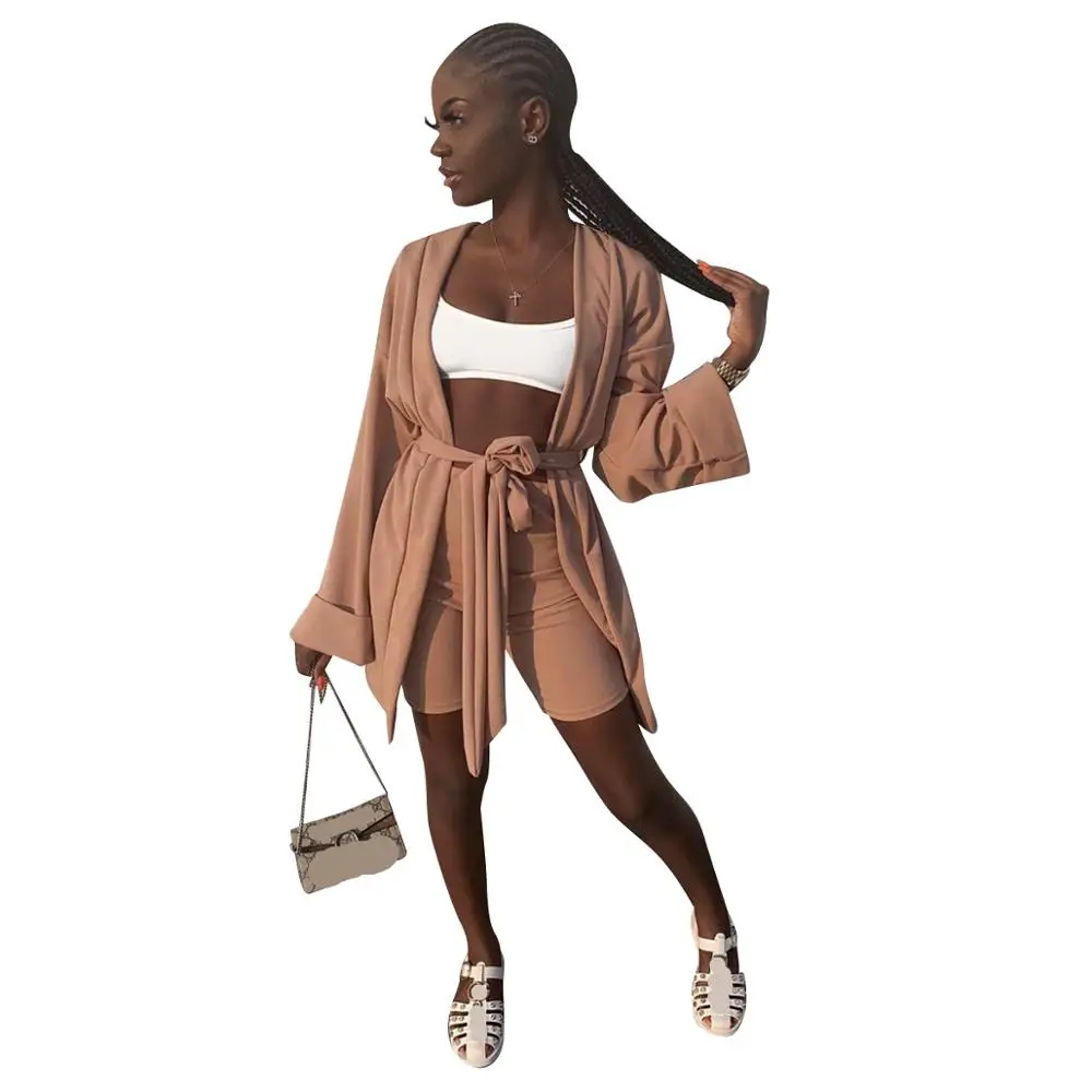 

Echoine Long Sleeve Cardigans with Belt and Shorts 2 Piece Set Women Sexy Club Outfits Matching Set Elegant Autumn Outwear