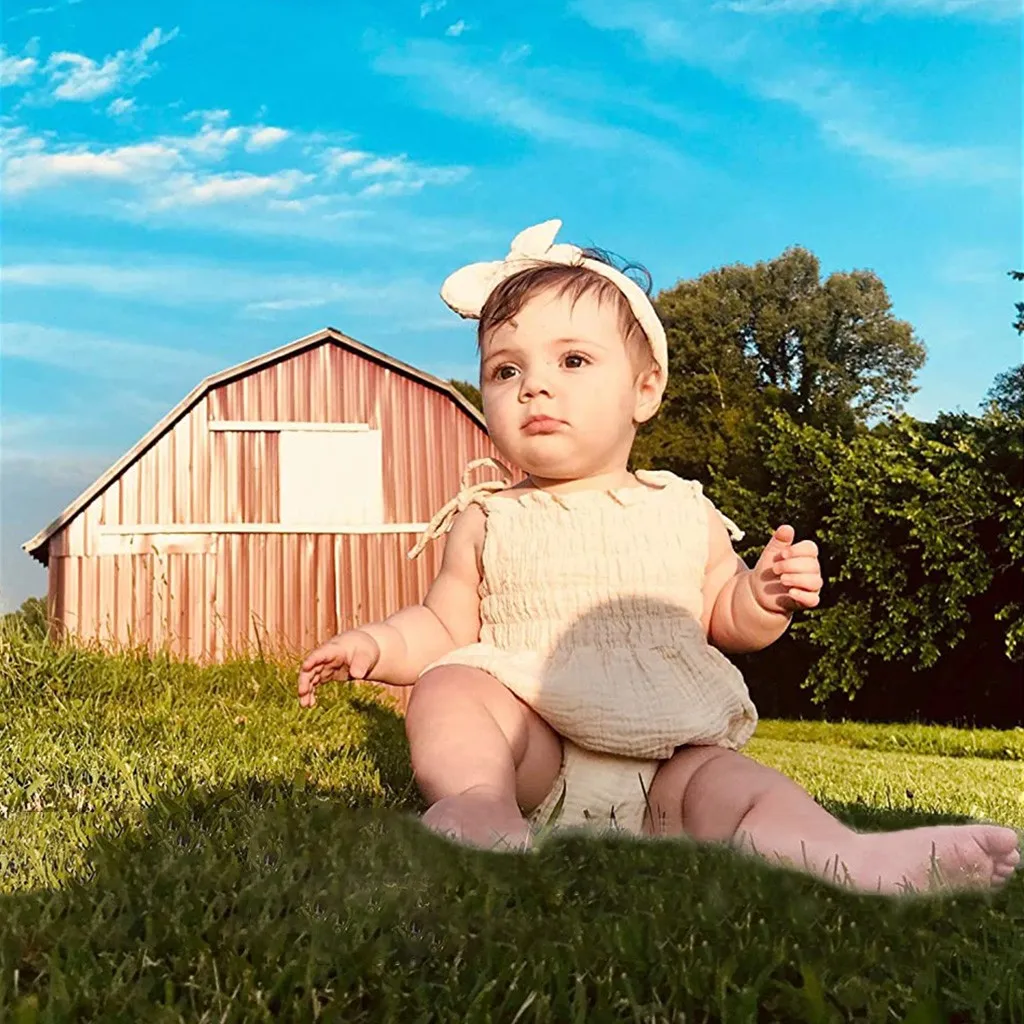 

Baby sleeveless solid color cotton and linen jumpsuit + hair band suit summer refreshing and comfortable halter baby clothes S4