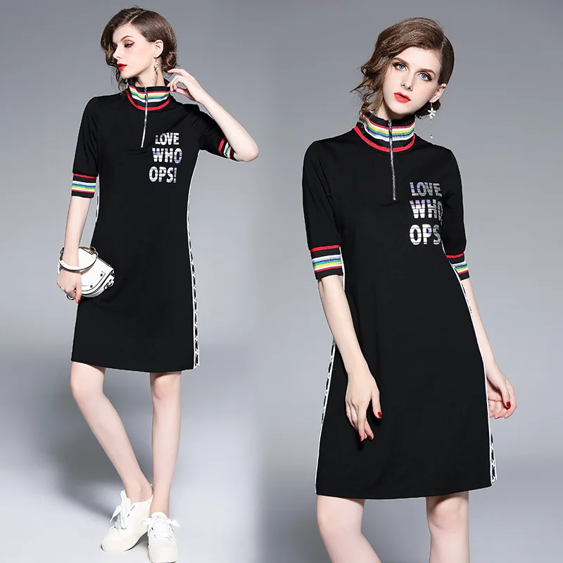

European Goods Black And White with Pattern Dress Women's Ozhouzhan 2018 Autumn Clothing New Style Fashion Fold-down Collar Popu