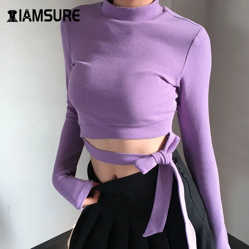 

IAMSURE Solid Casual Basic Turtleneck Ribbed Tops For Women Long Sleeves Lace Up Female Cropped Shirts Streetwear Slim Outfits