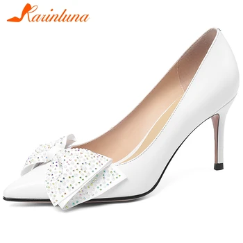

KARINLUNA New Lady Thin High Heel Pumps Sweet Bowtie Genuine Leather Pumps Women Spring Party Wedding Pointed Toe Shoes Woman