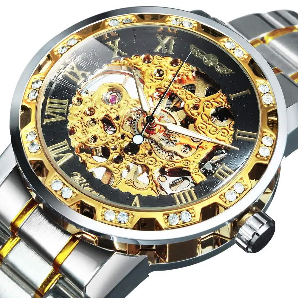 

Gold Watches Mens 2020 Skeleton Mechanical Wrist Watch Top Brand Luxury Metal Strap Iced Out Classic Fashion Clock ас мђжские