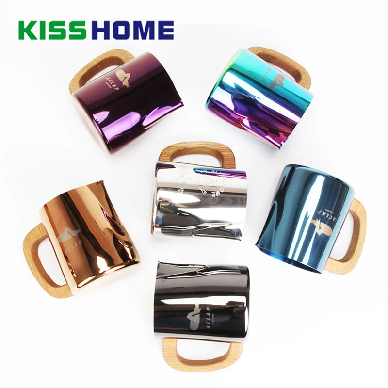 

600/700ml Wooden Handle Coffee Milk Frothing Jug Titanium Plating Barista Pitcher Mug Stainless Steel Milk Jug For Competition