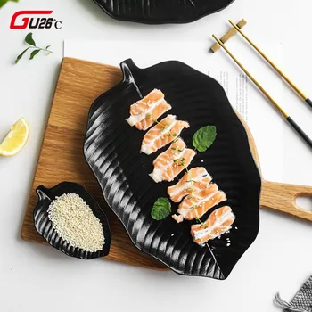 

Novelty Leaf Shape Sushi Plate Ceramic Creative Black Dish Snacks Snack Plate Personality Retro Tableware Set Plate
