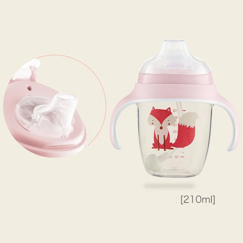 pink 210ml 210 мл мультфильм животных детская чашка с соломинкой Тритан чашка питьевая вода бутылка с ручкой герметичная Младенческая Кормление тренировочные чашки Сиппи чашка для ребенка школа детский сад 300 мл - Цвет: pink 210ml