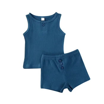 

Kids Baby Boys Clothing 2020 Summer Set Knitted Sleeveless Tops Shorts Button Solid Color Two Piece Outfits Boys Clothing Set
