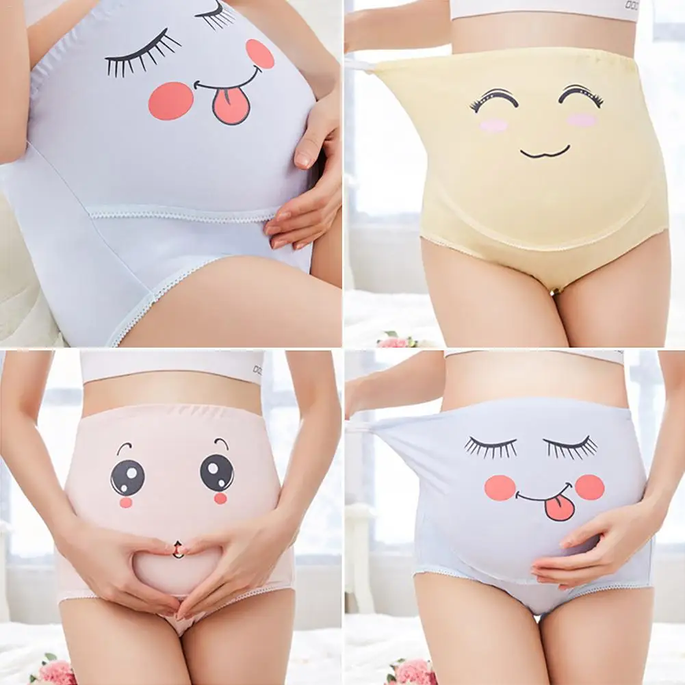 High Waist Belly Support Pregnant Women Underwear Cartoon Face Pattern Panties Breathable Cotton Adjustable Maternity Underwear