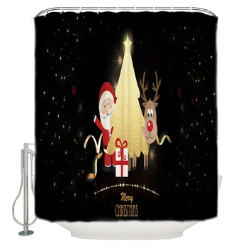 

Santa Claus Elk Gold Christmas Tree Shower Curtain Merry Christma Bathroom Curtain Home Decoration