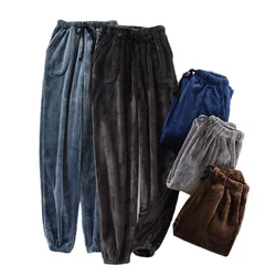 Autumn Winter Men Thick Warm Flannel Pajama Pants Large Size Elastic Waist Drawstring Loose Fleece Sleep Bottoms Homewear L-3XL