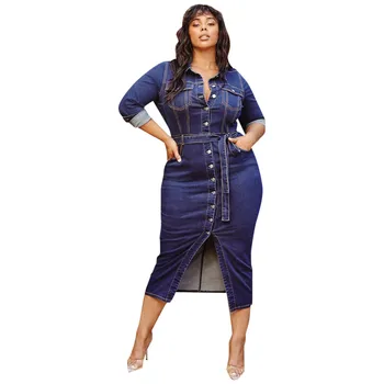 

Women Plus Size Denim Dress Spring Casual Long Sleeve Turn Down Neck Pockets Midi Dress Ladies Sashes Button Solid Dresses Robe