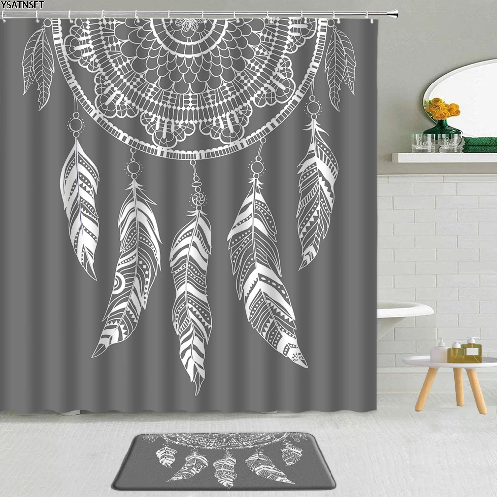 

Креативная модельная занавеска для душа с перьями на зеленом фоне Ловец снов из полиэстера нескользящий Коврик для ванны занавеска для ванной s Набор