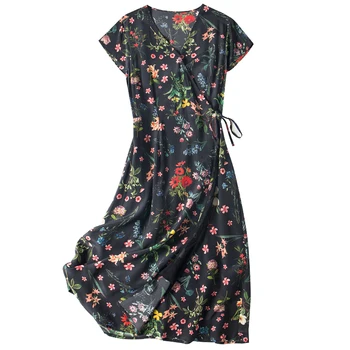 SuyaDream Woman Floral Dress 100%Silk V neck Sashes Wrap Dress Women 2020 Summer Print Midi Dresses Silk Clothes Vestidos 5