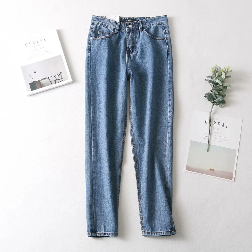 Увядшие высокие уличные джинсы для мамы Женские винтажные потертые синие джинсы с высокой талией Прямые обычные Джинсы бойфренда для женщин