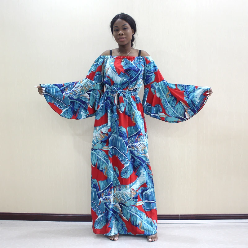 

Dashikiage 2019 Latest Arrivals African Dashiki Palm Leaf Pattern Print Of Shoulder Butterfly Sleeve Fashion Women Long Dress