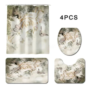 

3pcs/4pcs Waterproof Bathroom Pedestal Rug Lid Toilet Cover Shower Curtain Bath Mat Set Roses Butterfly Flower