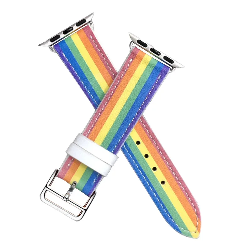 

For Apple Watch Series 5 4 40/44mm Watchband Genuine Leather Watch Band Single Tour Rainbow Edition Wrist Strap Watch Bracelet