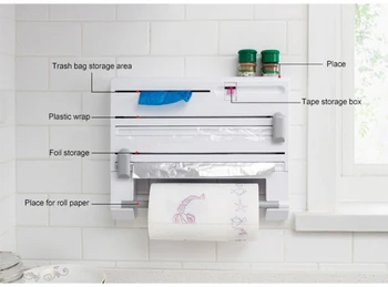 

Kitchen Storage Rack Wall Shelf Tin Foil Cling Film Cutter Storage Holder Rack Paper Towel Garbage Bag Rack Bathroom Organizer