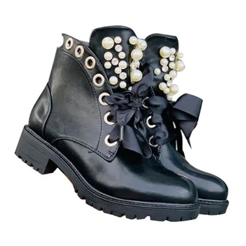 comprar Pérola Strass Chelsea Ankle Boots Feminino Split Plataforma De Couro Baixo Calcanhar Riband Rendas Zip Retro Tendência Design Goth Senhoras Sapatos