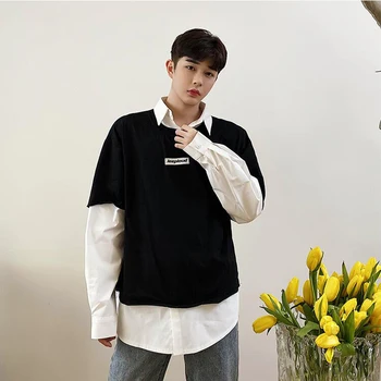 

Spring new personality stitching hit color Sweatshirts men's loose fake two Sweatshirts jacket wild thin coat Sweatshirts tide