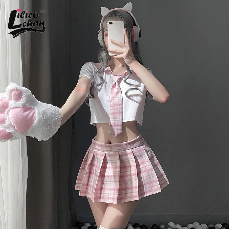 Lingerie Cosplay Uniform Japanese Plaid Anime Women Sexy Schoolgirl JK with Pleated Skirt Student Roleplay Costumes Cheerleading