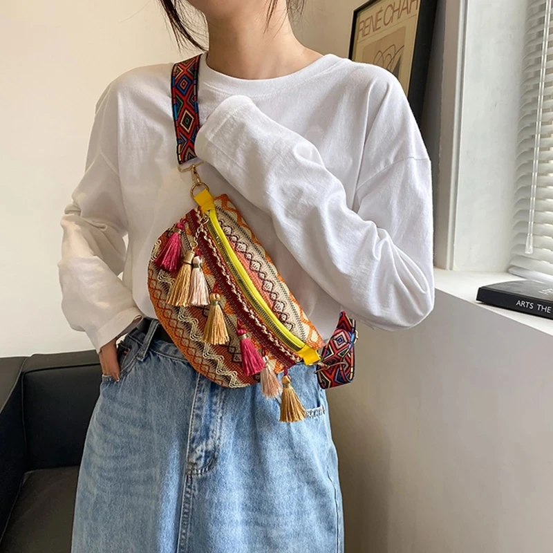 Brand Casual Hand Woven Crossbody Ethnic Straw Bags For Women Handbag Retro Flap Rattan Beach Tassel Messenger |