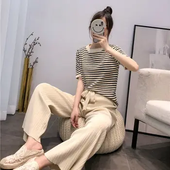 

2020 new summer fashion western style suit women's Hong Kong style striped sweater top high waist wide leg pants two-piece set