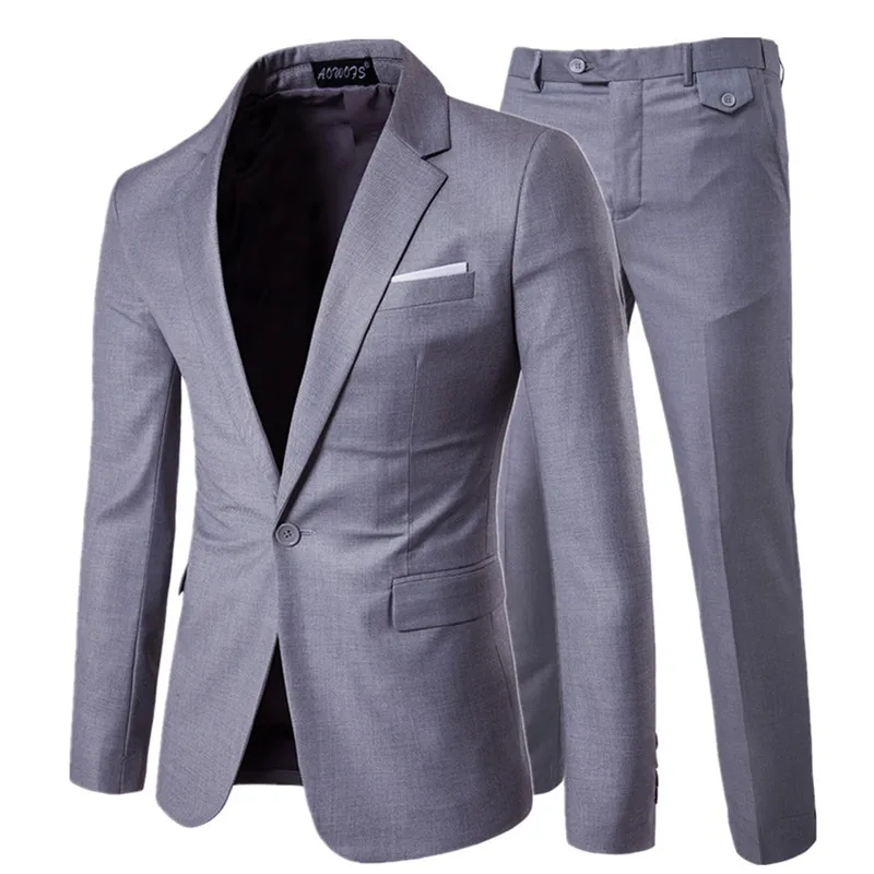Мужские модные облегающие костюмы, мужская деловая повседневная одежда, костюм жениха из трех частей, блейзеры, куртки, брюки, жилетки, наборы - Цвет: 2 pieces sets gray