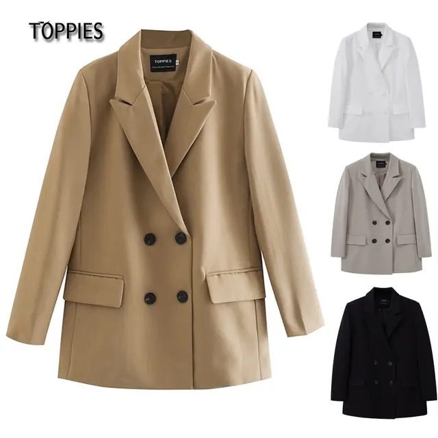 TOPPIES 2021 Womens Long Blazer Double Breasted Suit Jacket Loose Oversize Coat Solid Color Formal Blazer 1
