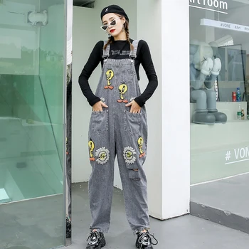 

Age-reducing denim overalls women Korean loose pants 2020 popular cartoon high-waisted straight wide-leg overalls jeans Female