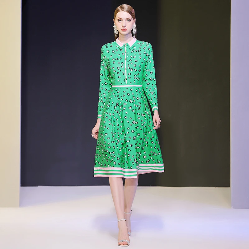 

DIDABOLE 2019 Fall new women's dress lapel single row buckle long sleeves waist to show thin print celebrity elegant dress