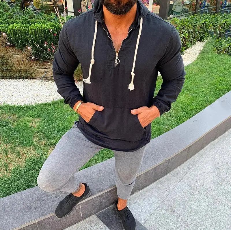 

Men's Cotton Hoodies 2019 Fashion Autumn Casual Long Sleeves Hooded Sweatshirts Solid Color Pocket Hoodie Jumpers Streetwears