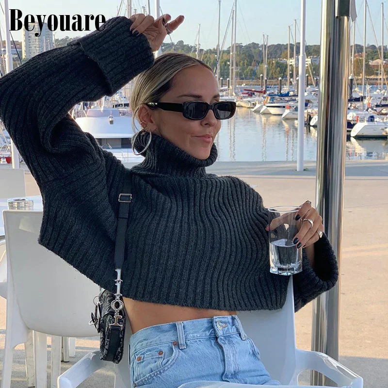 

Beyouare Winter Turtleneck Knitting Sweater Flare Sleeve Loose Crop Top 2020 Black Cotton Thick Elegant Streetwear Women Sweater